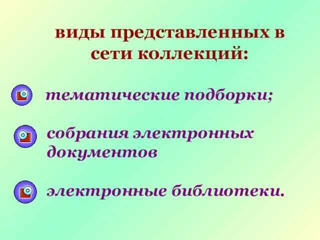 виды представленных в сети коллекций: тематические подборки; собрания электронных документов электронные библиотеки.