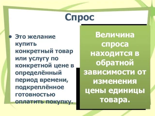 Спрос Это желание купить конкретный товар или услугу по конкретной цене в