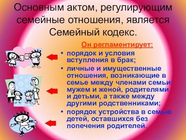 Основным актом, регулирующим семейные отношения, является Семейный кодекс. Он регламентирует: порядок и