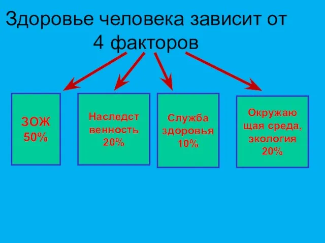 Здоровье человека зависит от 4 факторов Наследст венность 20% Служба здоровья 10%