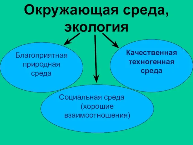 Окружающая среда, экология Благоприятная природная среда Качественная техногенная среда Социальная среда (хорошие взаимоотношения)