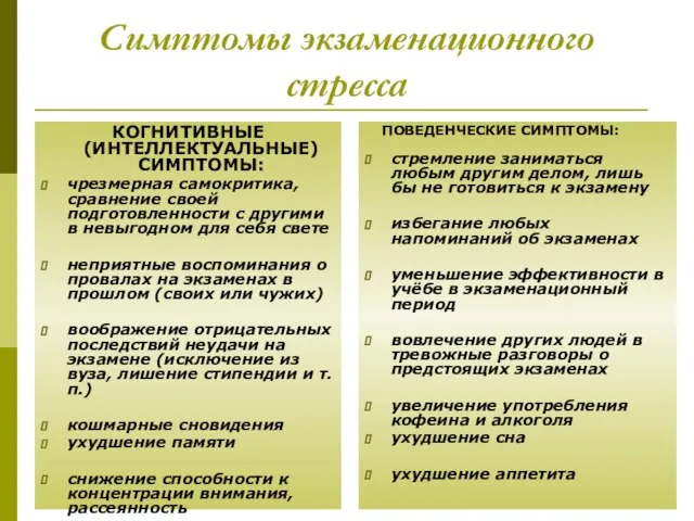 Симптомы экзаменационного стресса КОГНИТИВНЫЕ (ИНТЕЛЛЕКТУАЛЬНЫЕ) СИМПТОМЫ: чрезмерная самокритика, сравнение своей подготовленности с