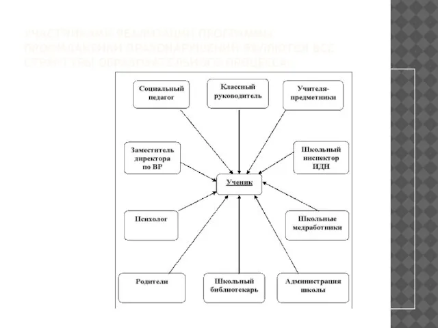 УЧАСТНИКАМИ РЕАЛИЗАЦИИ ПРОГРАММЫ ПРОФИЛАКТИКИ ПРАВОНАРУШЕНИЙ ЯВЛЯЮТСЯ ВСЕ СТРУКТУРЫ ОБРАЗОВАТЕЛЬНОГО ПРОЦЕССА: