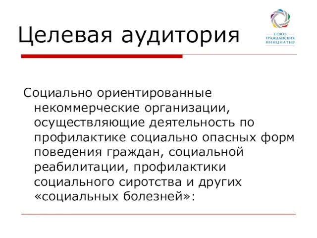 Целевая аудитория Социально ориентированные некоммерческие организации, осуществляющие деятельность по профилактике социально опасных