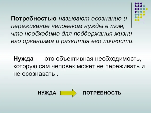 Потребностью называют осознание и переживание человеком нужды в том, что необходимо для