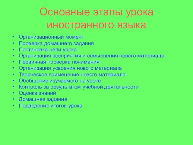 Основные этапы урока иностранного языка Организационный момент Проверка домашнего задания Постановка цели