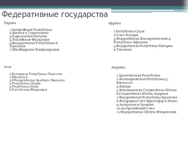 Федеративные государства Европа 1.Австрийская Республика 2.Босния и Герцеговина 3.Королевство Бельгия 4.Российская Федерация