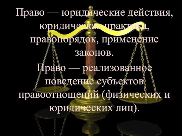 Право — юридические действия, юридическая практика, правопорядок, применение законов. Право — реализованное