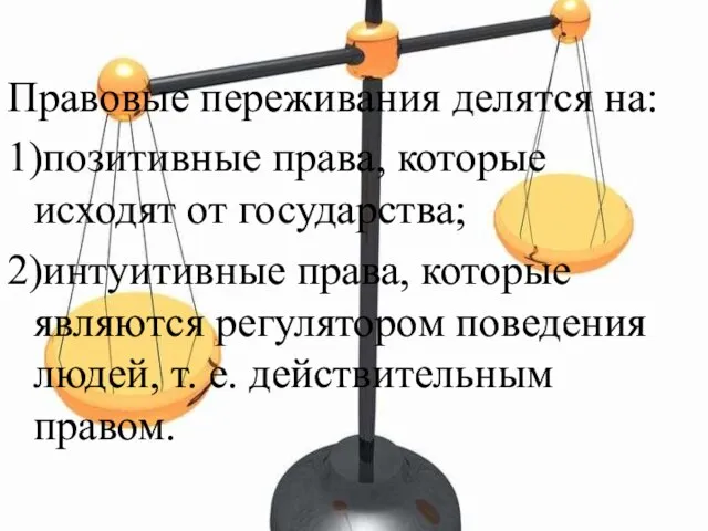 Правовые переживания делятся на: 1)позитивные права, которые исходят от государства; 2)интуитивные права,