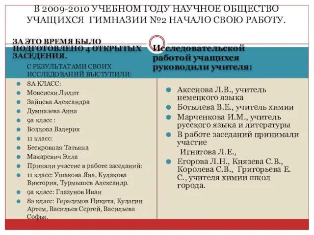 В 2009-2010 УЧЕБНОМ ГОДУ НАУЧНОЕ ОБЩЕСТВО УЧАЩИХСЯ ГИМНАЗИИ №2 НАЧАЛО СВОЮ РАБОТУ.