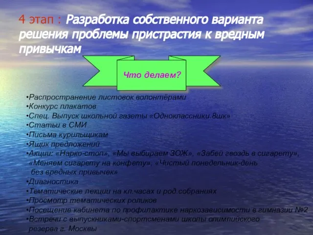 4 этап : Разработка собственного варианта решения проблемы пристрастия к вредным привычкам