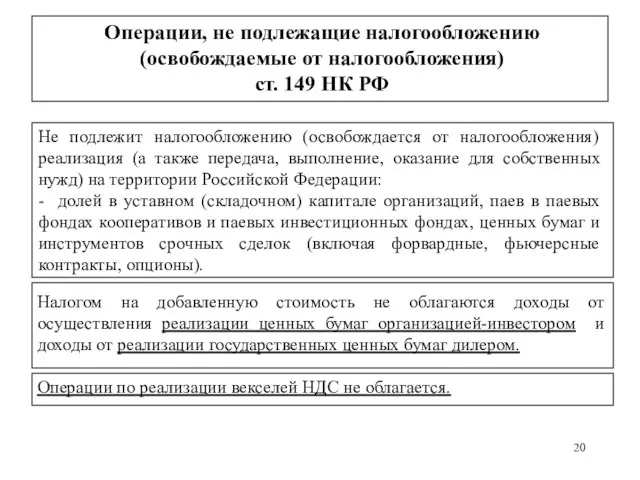 Операции, не подлежащие налогообложению (освобождаемые от налогообложения) ст. 149 НК РФ Не