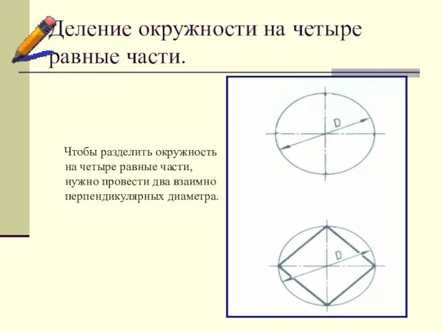 Деление окружности на четыре равные части. Чтобы разделить окружность на четыре равные