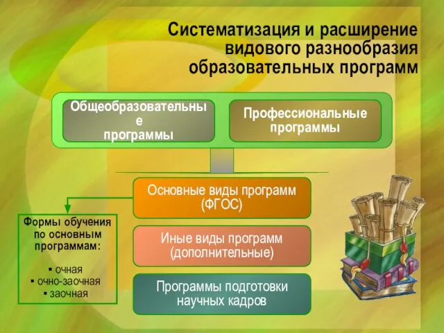 Систематизация и расширение видового разнообразия образовательных программ Общеобразовательные программы Профессиональные программы Основные