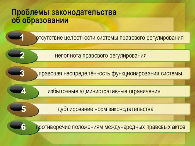 Проблемы законодательства об образовании отсутствие целостности системы правового регулирования неполнота правового регулирования