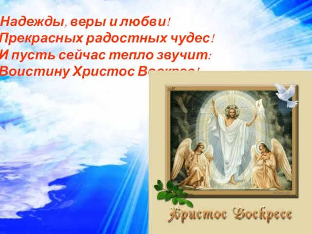 Надежды, веры и любви! Прекрасных радостных чудес! И пусть сейчас тепло звучит: Воистину Христос Воскрес!