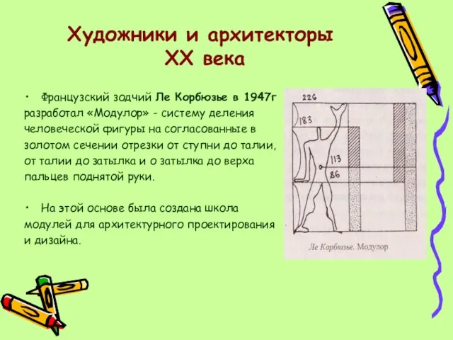 Художники и архитекторы XX века Французский зодчий Ле Корбюзье в 1947г разработал