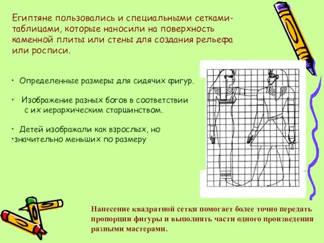 Египтяне пользовались и специальными сетками-таблицами, которые наносили на поверхность каменной плиты или