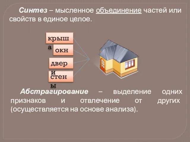 Синтез – мысленное объединение частей или свойств в единое целое. Абстрагирование –