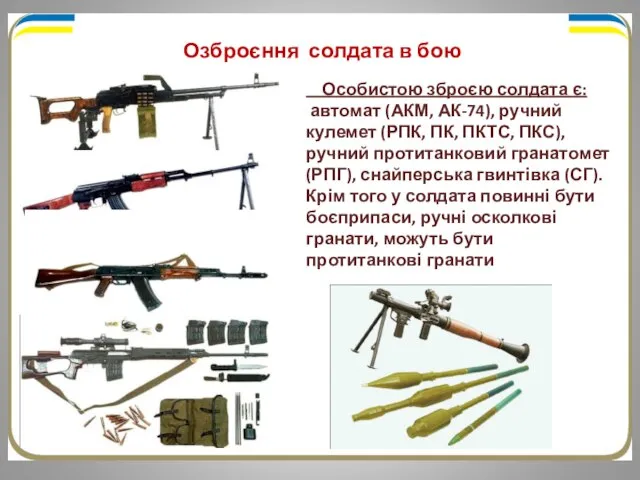 Озброєння солдата в бою Особистою зброєю солдата є: автомат (АКМ, АК-74), ручний