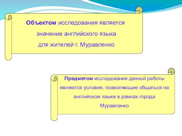 Объектом исследования является значение английского языка для жителей г. Муравленко Предметом исследования