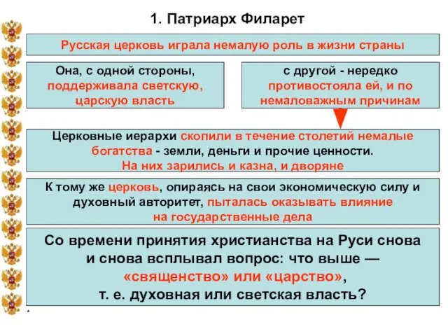 * 1. Патриарх Филарет Русская церковь играла немалую роль в жизни страны