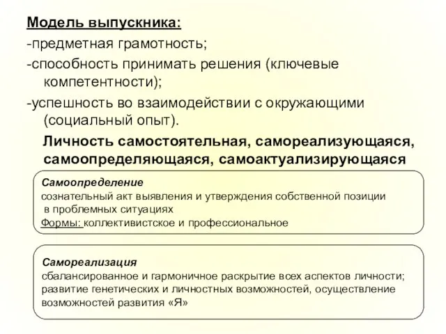 Модель выпускника: -предметная грамотность; -способность принимать решения (ключевые компетентности); -успешность во взаимодействии