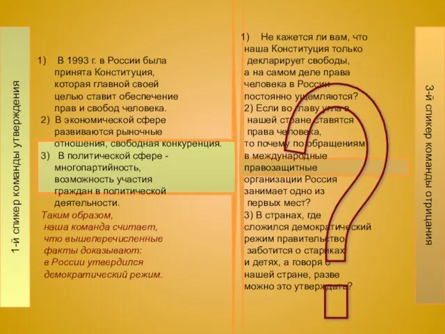 1-й спикер команды утверждения В 1993 г. в России была принята Конституция,