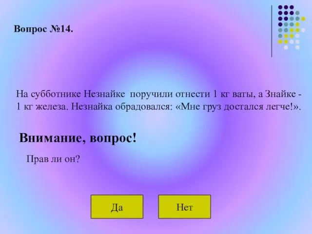 Вопрос №14. На субботнике Незнайке поручили отнести 1 кг ваты, а Знайке