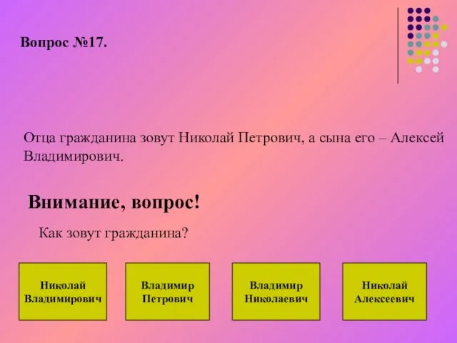 Вопрос №17. Отца гражданина зовут Николай Петрович, а сына его – Алексей