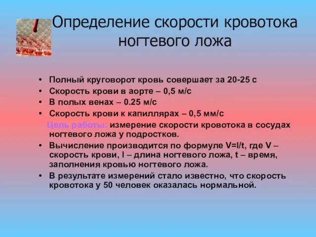 Полный круговорот кровь совершает за 20-25 с Скорость крови в аорте –