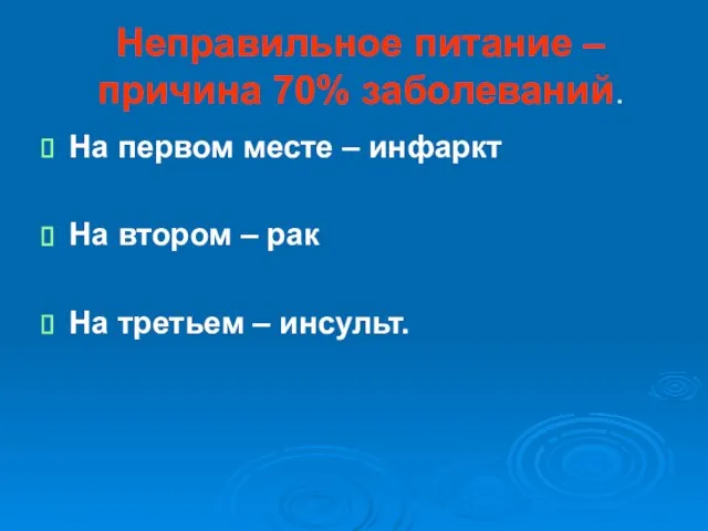 Неправильное питание – причина 70% заболеваний. На первом месте – инфаркт На