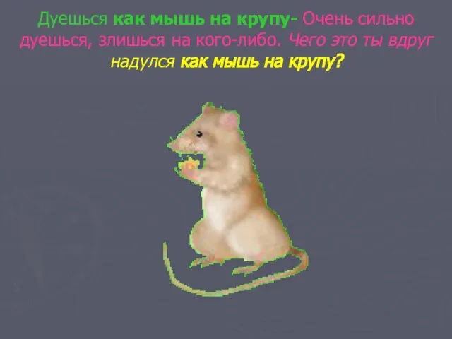 Дуешься как мышь на крупу- Очень сильно дуешься, злишься на кого-либо. Чего