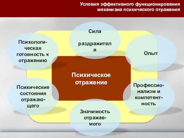 Условия эффективного функционирования механизма психического отражения Психическое отражение Сила раздражителя Психологи-ческая готовность