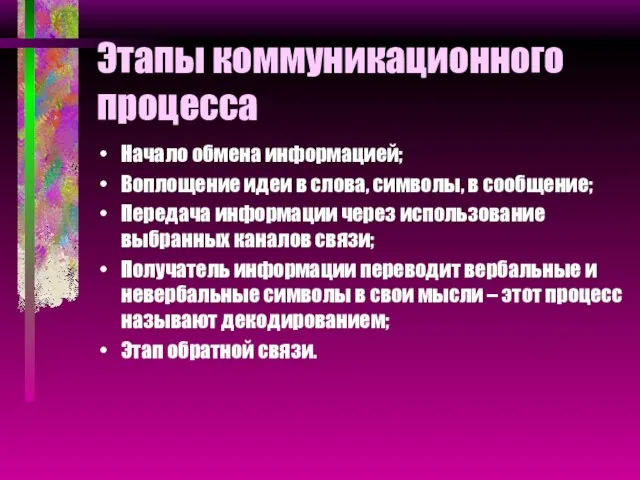 Этапы коммуникационного процесса Начало обмена информацией; Воплощение идеи в слова, символы, в