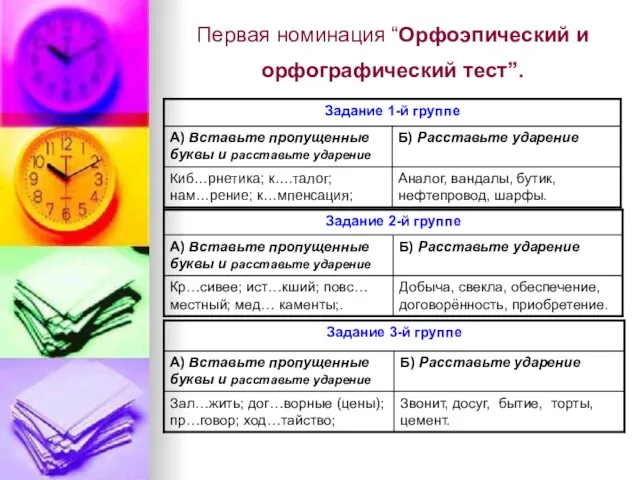 Первая номинация “Орфоэпический и орфографический тест”.