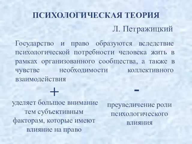 ПСИХОЛОГИЧЕСКАЯ ТЕОРИЯ Л. Петражицкий Государство и право образуются вследствие психологической потребности человека