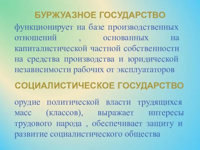 БУРЖУАЗНОЕ ГОСУДАРСТВО функционирует на базе производственных отношений , основанных на капиталистической частной