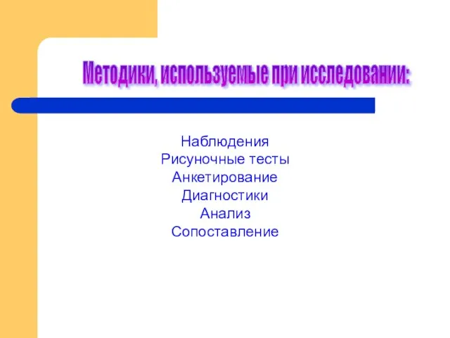 Методики, используемые при исследовании: Наблюдения Рисуночные тесты Анкетирование Диагностики Анализ Сопоставление