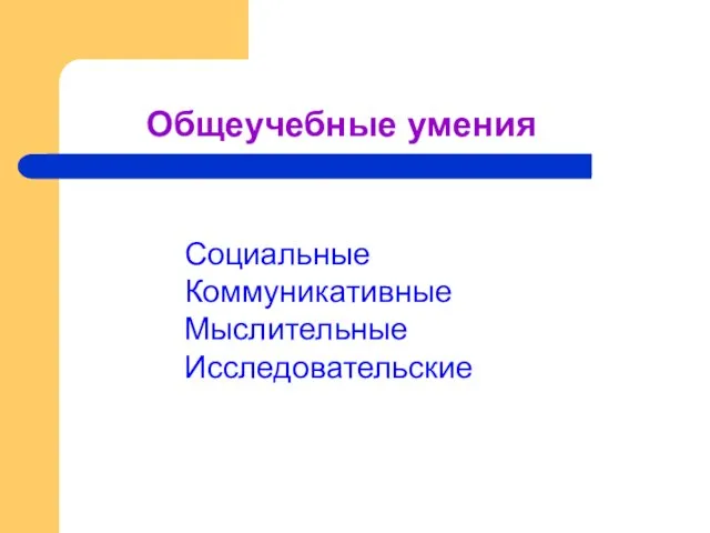 Общеучебные умения Социальные Коммуникативные Мыслительные Исследовательские