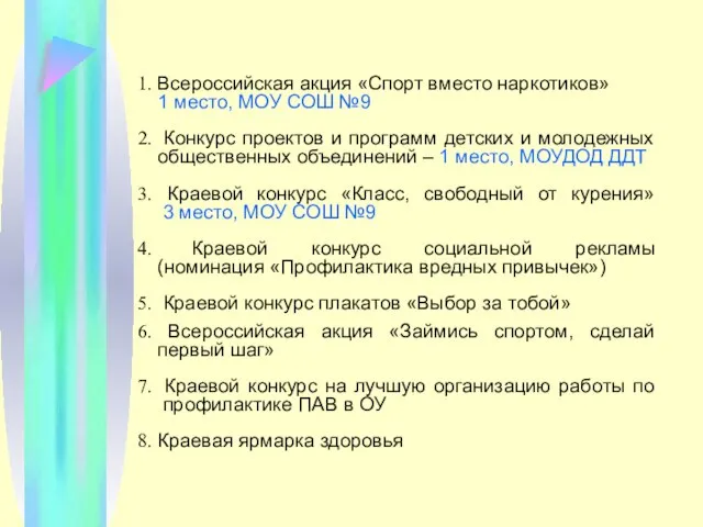 Всероссийская акция «Спорт вместо наркотиков» 1 место, МОУ СОШ №9 Конкурс проектов