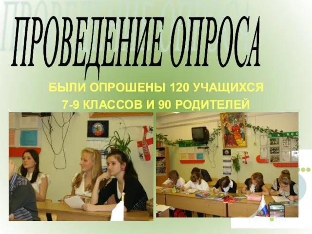 БЫЛИ ОПРОШЕНЫ 120 УЧАЩИХСЯ 7-9 КЛАССОВ И 90 РОДИТЕЛЕЙ ПРОВЕДЕНИЕ ОПРОСА