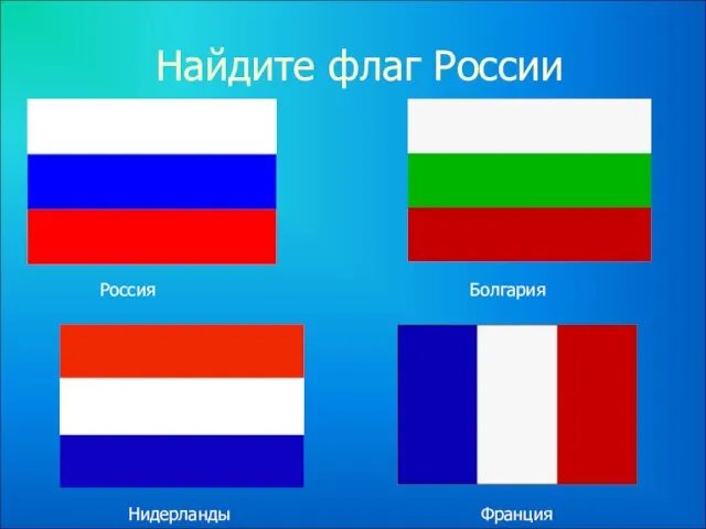 Найдите флаг России Россия Болгария Нидерланды Франция