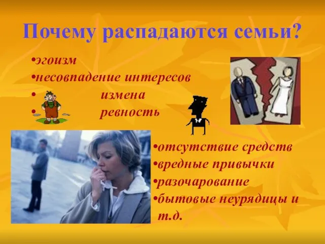 Почему распадаются семьи? эгоизм несовпадение интересов измена ревность отсутствие средств вредные привычки