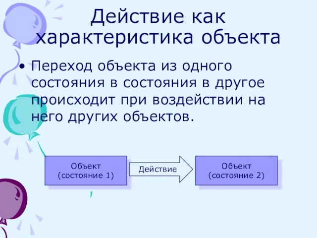 Действие как характеристика объекта Переход объекта из одного состояния в состояния в