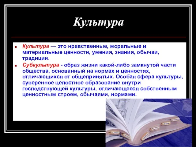 Культура Культура — это нравственные, моральные и материальные ценности, умения, знания, обычаи,