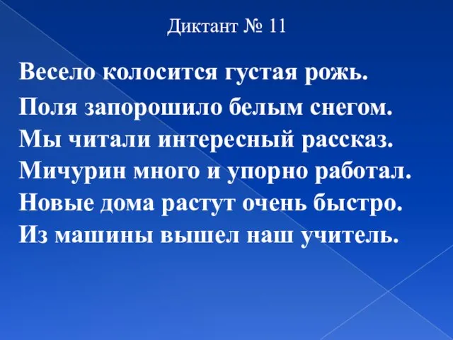 Диктант № 11 Весело колосится густая рожь. Поля запорошило белым снегом. Мы