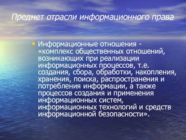 Предмет отрасли информационного права Информационные отношения - «комплекс общественных отношений, возникающих при