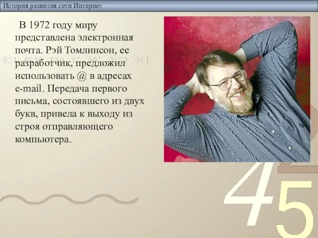 История развития сети Интернет В 1972 году миру представлена электронная почта. Рэй