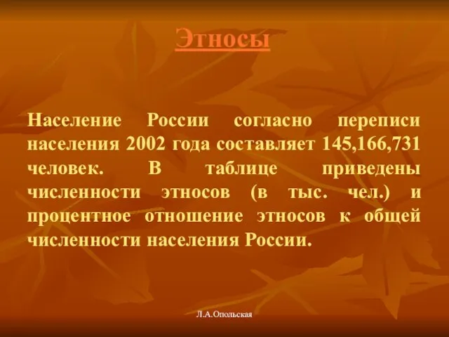 Этносы Население России согласно переписи населения 2002 года составляет 145,166,731 человек. В